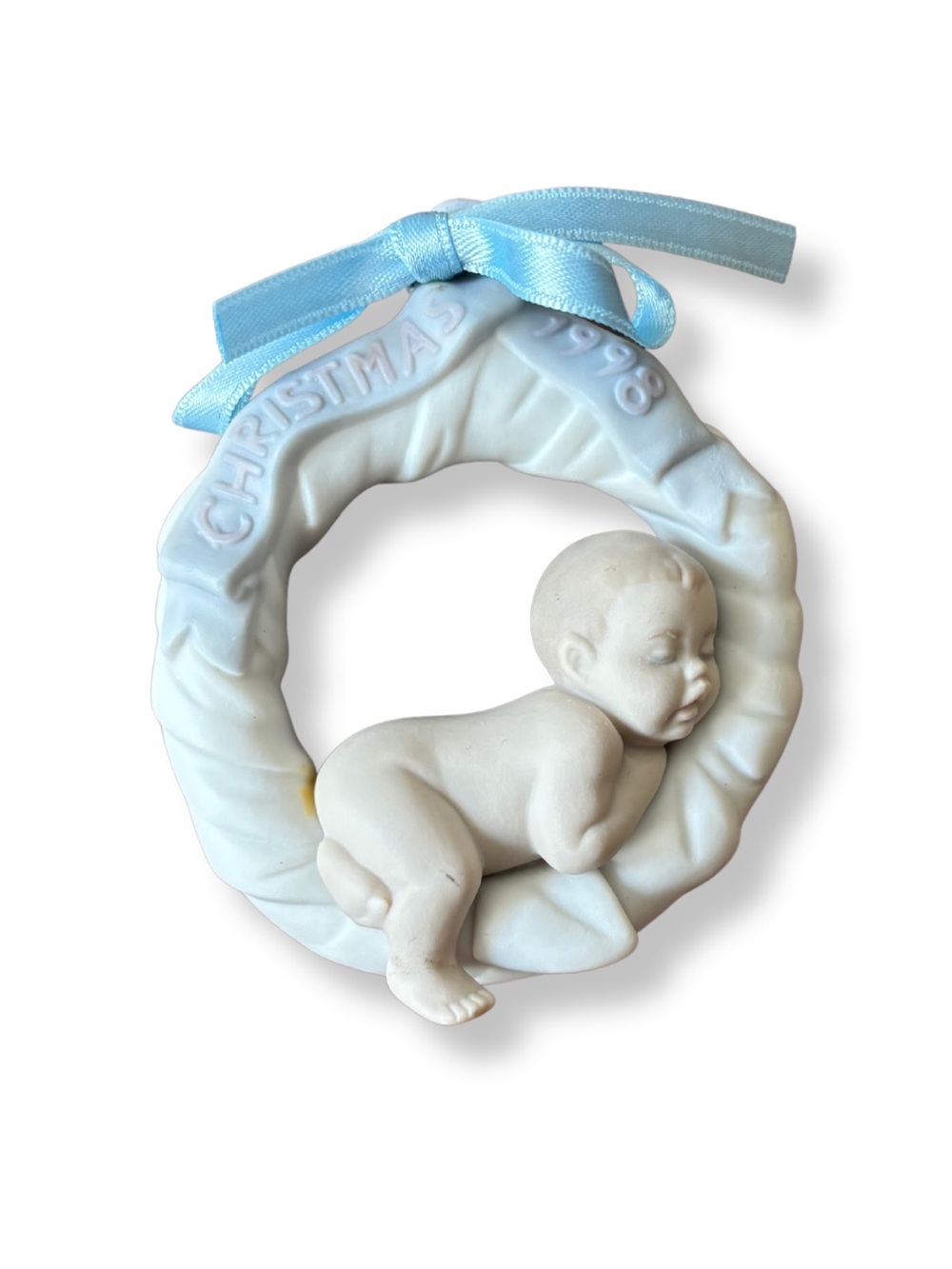 Lladro Christmas 1999 Baby Wreath Porcelain Ornament Blue Ribbon Spain